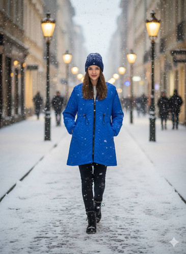 مدل خانم با کاپشن پفی آبی کاربنی، کلاه بافتنی سرمهای و شلوار مشکی در حال قدم زدن در خیابان برفی