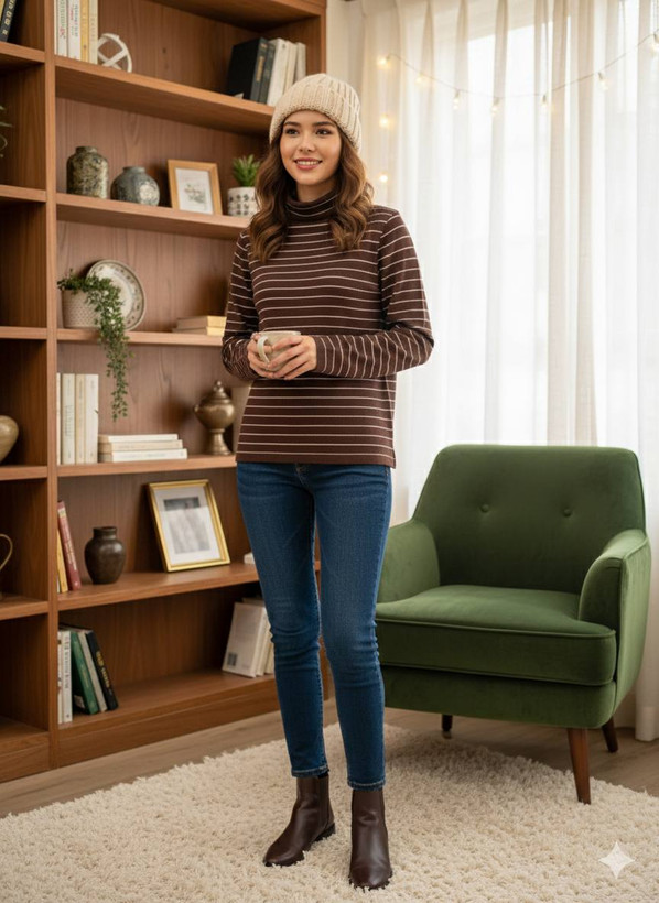 بافت زنانه یقه اسکی راهراه شیک مناسب استایل پاییزی و زمستانی